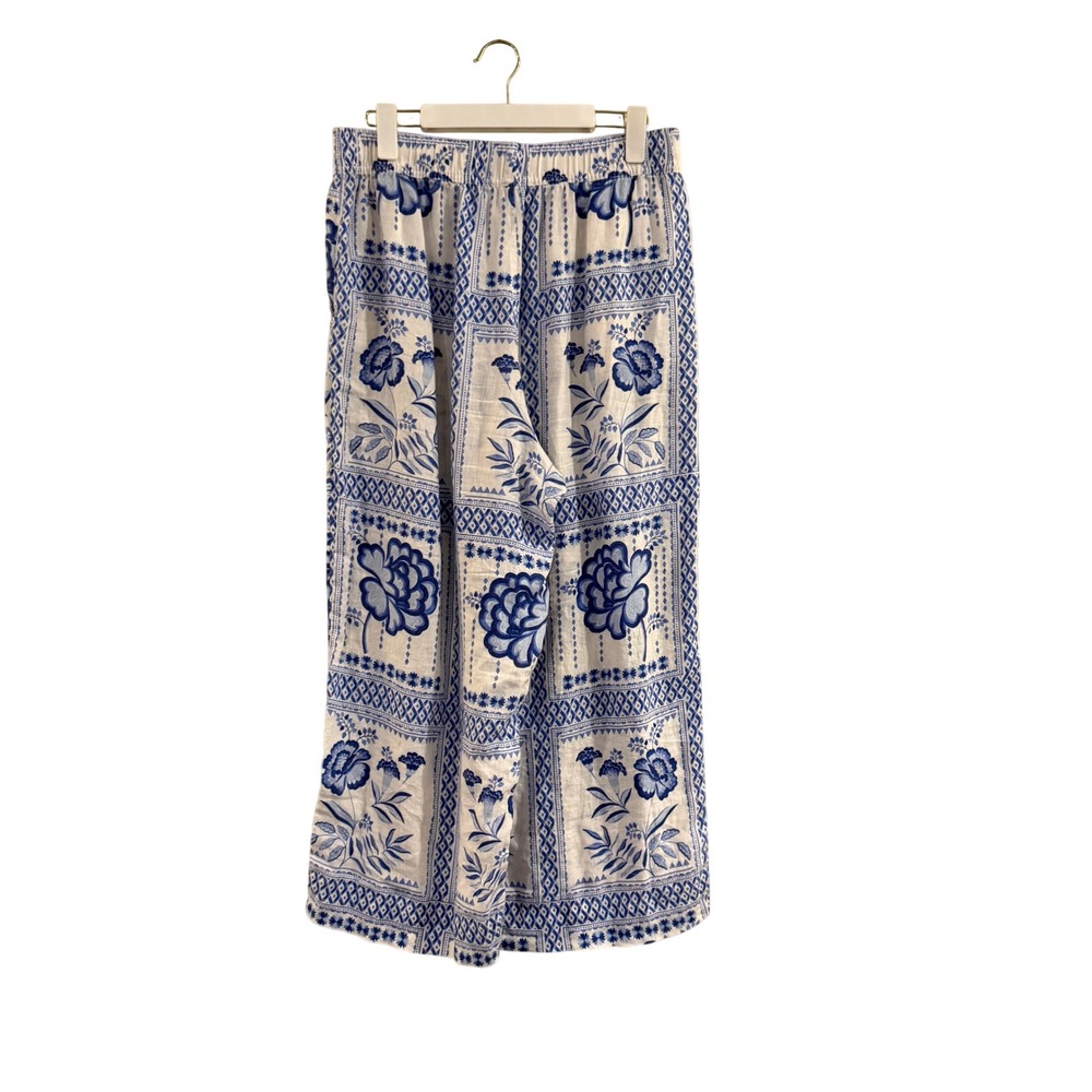 Halston Linen Wide Leg Pants Women Large Blue White Floral Tile Coastal Grandma‎